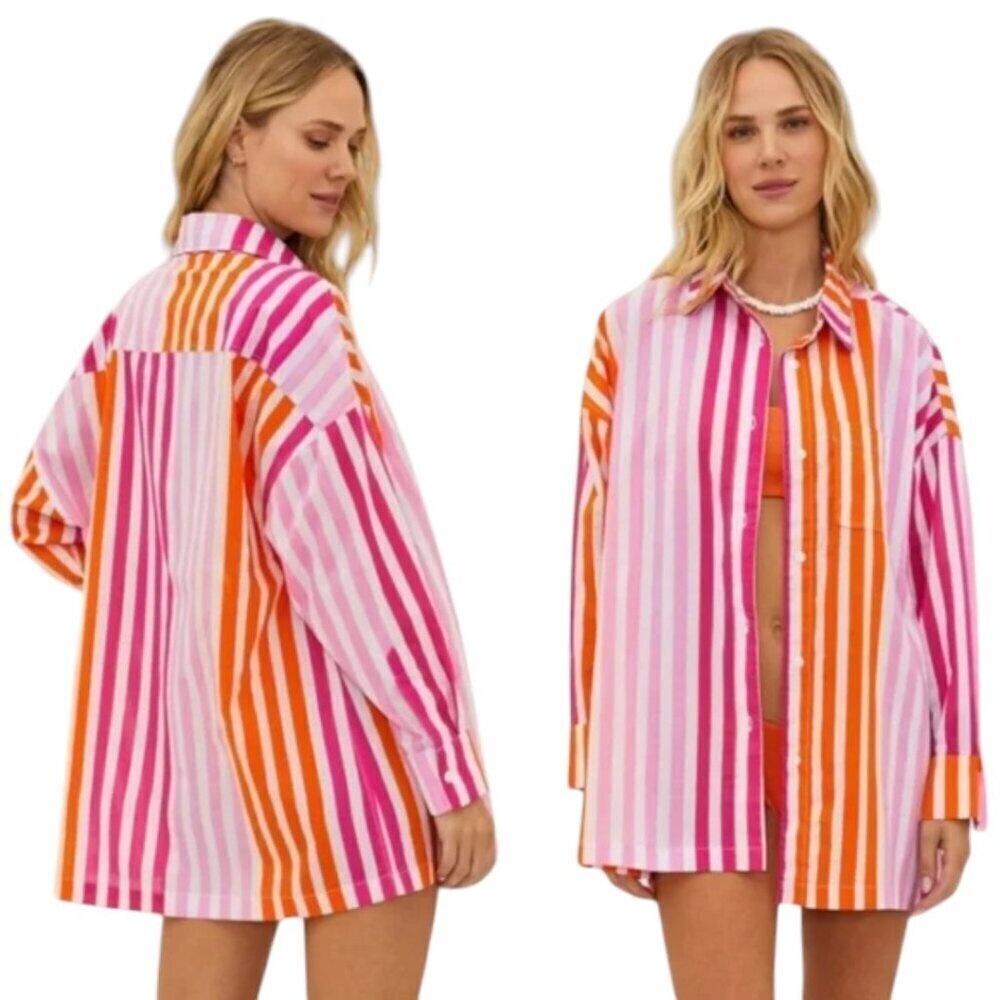 Beach Riot Alexa Striped Cotton Button Front Cover Tunic Top